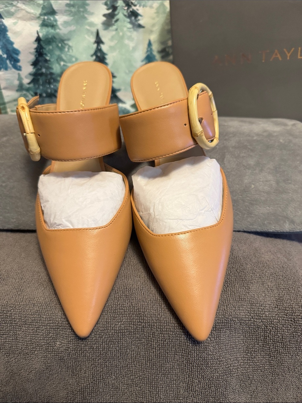 Ann Taylor Tan Pointed Mules with Buckle Strap